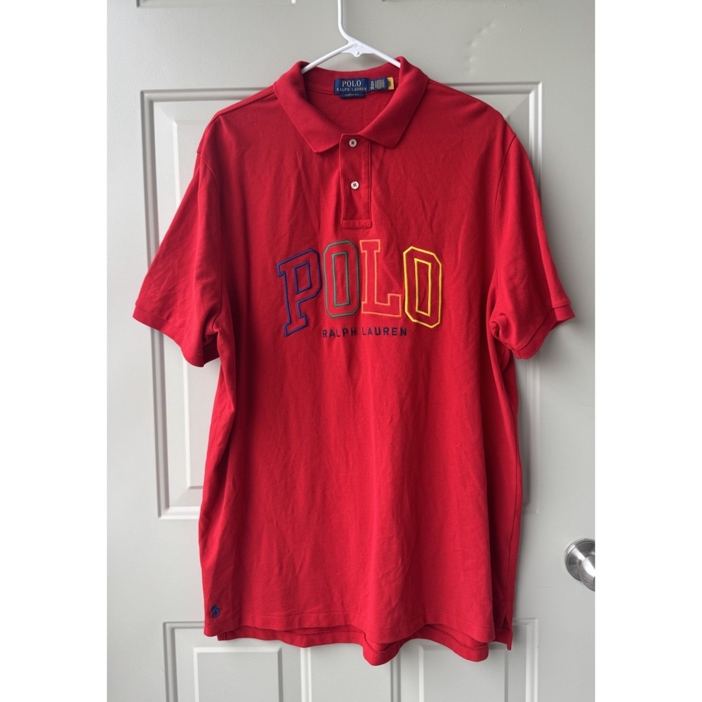 Polo Ralph Lauren Classic Fit Red Pique Polo Shirt Mens XL Spellout Logo Preppy
